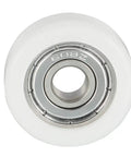 4 Pack White Pom Roller Idler Bearing Pulley Smooth Operator Conveyor Guide Wheel For Sliding Doors Windows Hardworking Heavy Duty Gearbox No Fuss Slick Tracking Rail, close-up view of white pulley.
