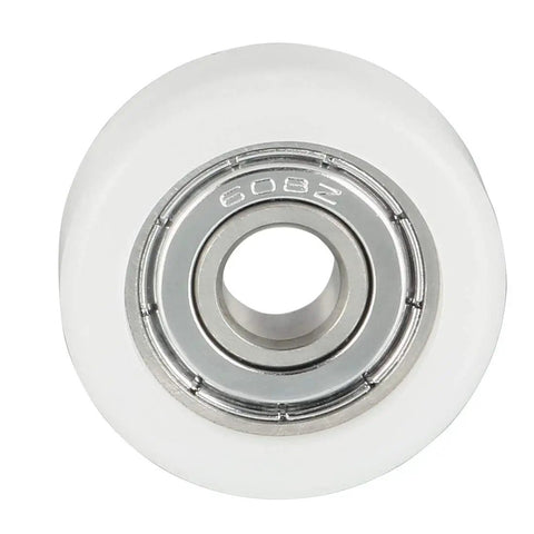 4 Pack White Pom Roller Idler Bearing Pulley Smooth Operator Conveyor Guide Wheel For Sliding Doors Windows Hardworking Heavy Duty Gearbox No Fuss Slick Tracking Rail, close-up view of white pulley.