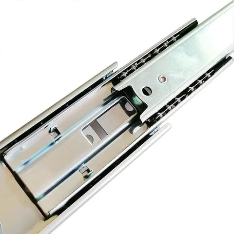 Close-up of silver tone 6 Inch Full Extension Drawer Slides with Telescopic Ball Bearing Rails for Furniture, heavy duty metal glide system.