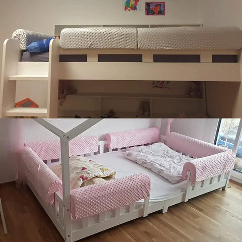 Toddler Bed Rail Bumpers Rock Solid Foam Barrier For Kiddo Bedrooms Fall Prevention Guardrail Padding No Sweat Assembly Crib Side Shield Grey Smooth Setup 3 Foot on white and pink beds.