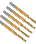 Five tungsten steel end mills shown diagonally, gold coating with silver shanks, 3-flute cutters.