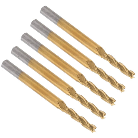 Five tungsten steel end mills shown diagonally, gold coating with silver shanks, 3-flute cutters.