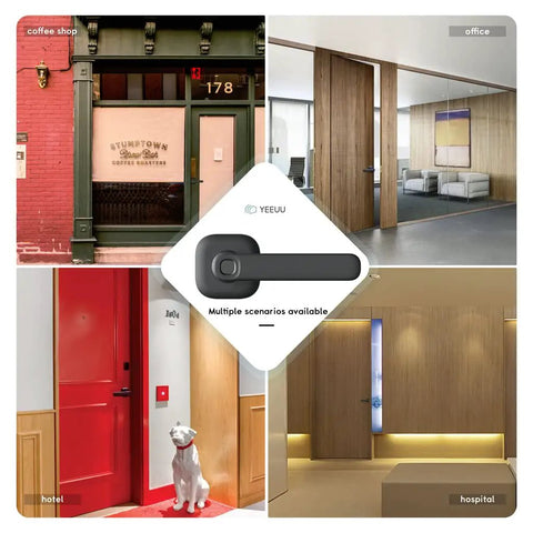 Slick Smart Door Lock With Fingerprint And NFC App Control shown in coffee shop, office, hotel, hospital settings