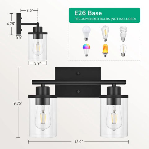 2-Light Matte Black Vanity Light Fixture With Clear Glass Shades, Vintage Wall Sconce Vibe For Bathroom, Bedroom, Living Room Or Hallway, E26 Base, Bulbs Not Included