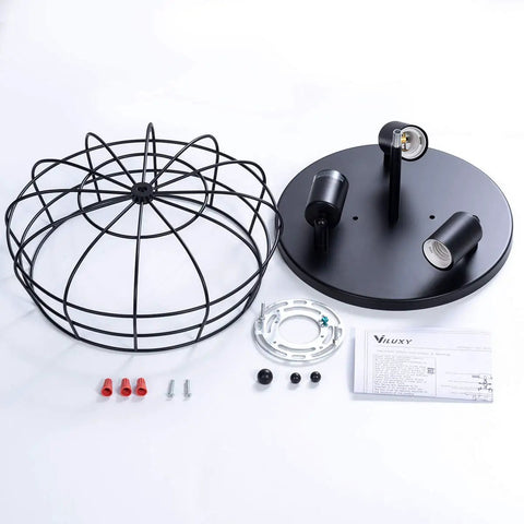 Industrial Black Semi Flush Mount Ceiling Light Three Light Rustic Ceiling Lamp Fixture With Metal Cage components