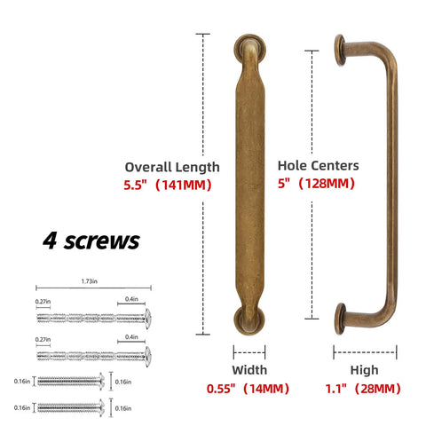 Straight Up Premium Antiqued Brass Cabinet Pulls 5 Inch 10 Pack Rock Solid Alloy Drawer Handles dimensions and screws included.