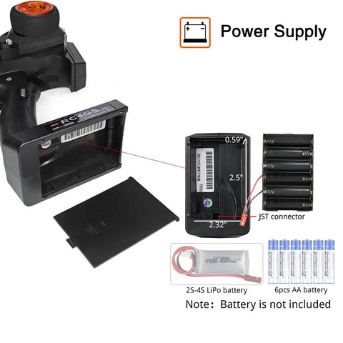 RC4GS V3 5 Channel Pro Grade Transmitter battery compartment, JST connector, LiPo, and AA battery options shown in detail.