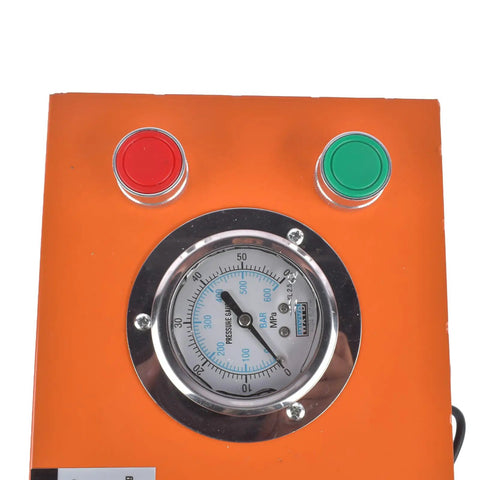 Control panel of the Heavy Duty Electric Hydraulic Hose Crimper 110V with pressure gauge and buttons.