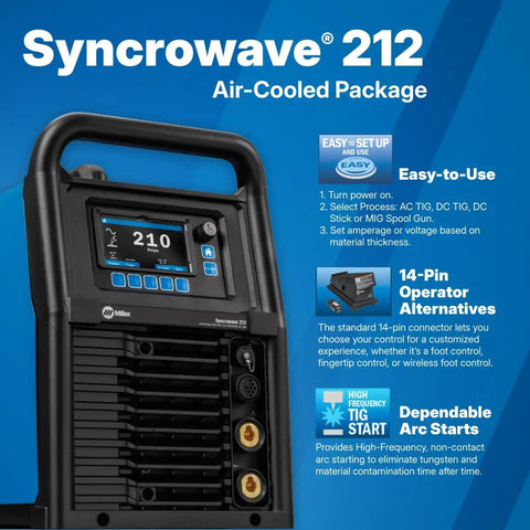 Syncrowave 212 Air Cooled Package AC DC TIG Welder With Auto Set Technology For Steel Stainless Steel And Aluminum Welds LCD Interface