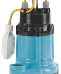Basement Sump Pump 1/2 HP Polypropylene Reservoir Mechanical Seal with float switch on a blue and black pump.
