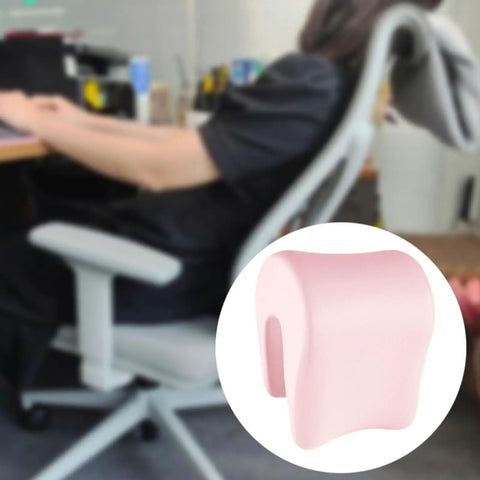 Person using Neck Support Memory Foam Pillow For Office Chair And Desk All Day Comfort, Adjustable Slow Return Headrest Cushion, Light Pink