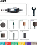 Single Speed Mini Rotary Tool Kit With 7 Accessories Including Garden Tool Sharpener For DIY Projects Crafting Jewelry Sanding Sharpening And Hobby Drilling Corded 35,000 RPM Lightweight Quiet Operation tools displayed