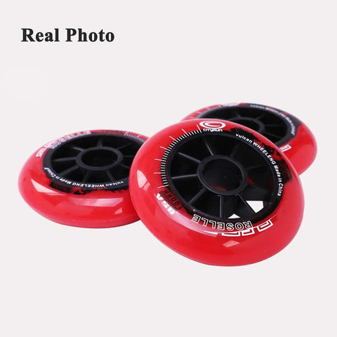 Red inline skate wheels, 24mm wide, shown in detail, not High Performance Inline Skate Wheels Set Of 8 90mm 100mm 110mm For Rollerblade Replacement 85A PU Wheels Black Single Row Durable Grip And Smooth Ride Perfect For Replacing Worn Out Wheels