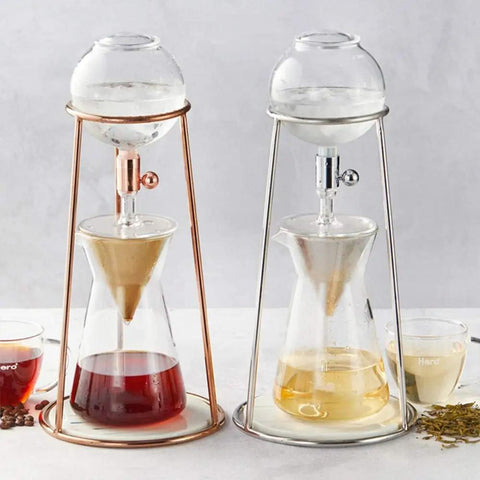 Premium Mini Cold Brew Coffee Maker with Ice Drip Pot and Reusable Stainless Steel Filter Adjustable Drip Valve in two colors.