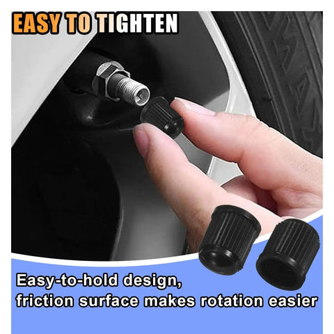 Hand installing 20Pcs Tire Valve Stem Caps With O-Ring Seal, Dust-Proof Air Valve Covers For Cars, Trucks in black.