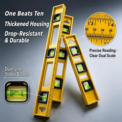 Two piece set Spirit Level Tool, Yellow, Multiple Sizes 24"/12" displayed with bubble vials for accurate measurement.