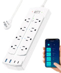 Killer Smart Power Strip And Charging Station Featuring Six Controlled Outlets Plus Four Usb Ports With Rapid Type C Delivery Hella Easy App Setup Flawless On Alexa And Google Home Slim Flat Extension Cable For Bedroom Or Office Space, showing power strip and smartphone.