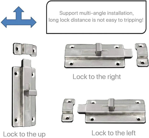 Stainless Steel Sliding Door Bolt Lock 2 Pack Surface Mounted Latch 3 Inch Door Bolts For Internal Doors shown in three locking positions