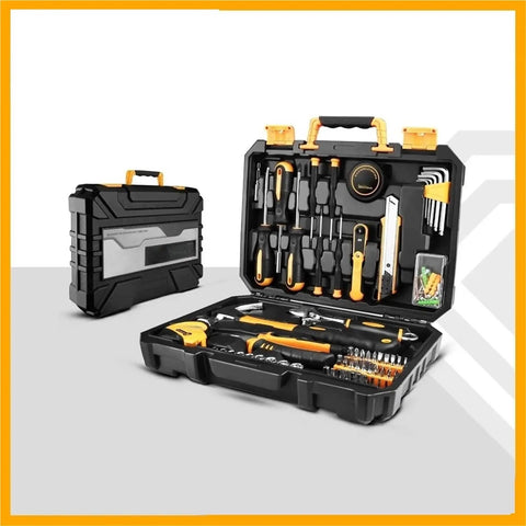 All Purpose Home Repair Tool Kit 62 100 128 158 196 Piece Set in Durable Plastic Storage Case open displaying tools