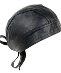 Unisex Black Leather Skull Cap With Tie Back And Longer Back Flap Lightweight Unlined Winter Gear To Keep Face And Neck Warm
