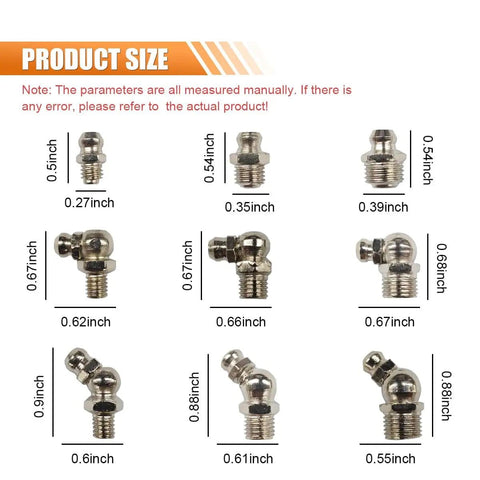 60 Piece Metric Grease Fittings Kit With M6 M8 M10 Zerk Adapters, size chart showing various fittings with dimensions.