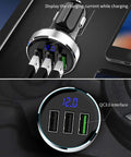 Top Shelf Three USB Car Charger With Live Voltage Meter For Quick 12V And 24V Ride Power Straight Up Fast Charging Hub showcasing three ports and voltage display.