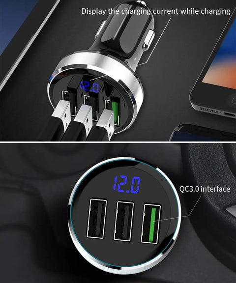 Top Shelf Three USB Car Charger With Live Voltage Meter For Quick 12V And 24V Ride Power Straight Up Fast Charging Hub showcasing three ports and voltage display.