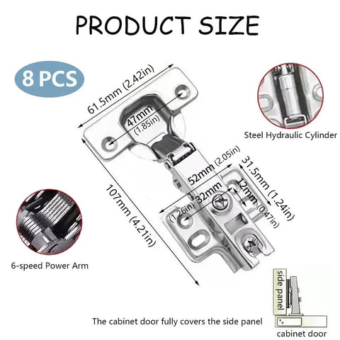 8 Pack Short Arm Kitchen Cabinet Hinges Set With 4 Pairs 105 Degree Soft Close Adjustable Concealed Full Overlay Hinges With Mounting Screws, product size and dimensions in focus.