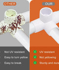 Comparison of 4 Pack 1/2 Inch PVC Fittings 4 Way Elbow Connector, highlighting UV resistance and durability versus other material.