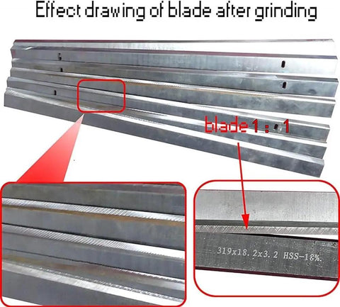 Effect of grinding on saw blades with specifications highlighted, showcasing precision after using Heavy Duty Automatic Knife Grinder And Saw Blade Sharpener Featuring Cast Iron Base And Linear Guides Delivering Dead On Precision For Electric Planers Built Like A Tank.