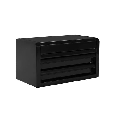Hella Compact Mini Steel Toolbox With Two Smooth Slide Drawers And Slip Resistant Pads Sits Sweet On Desks For Quick Hardware Swaps And Total Workshop Essentials Clarity Bliss Today, matte black finish, front view.