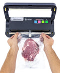 Vacuum Sealer Machine CPVS 290R sealing meat in liquid bag for food preservation, showing easy-to-use controls.