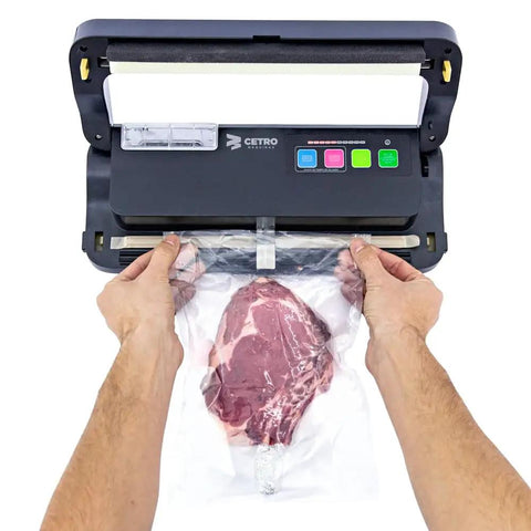 Vacuum Sealer Machine CPVS 290R sealing meat in liquid bag for food preservation, showing easy-to-use controls.