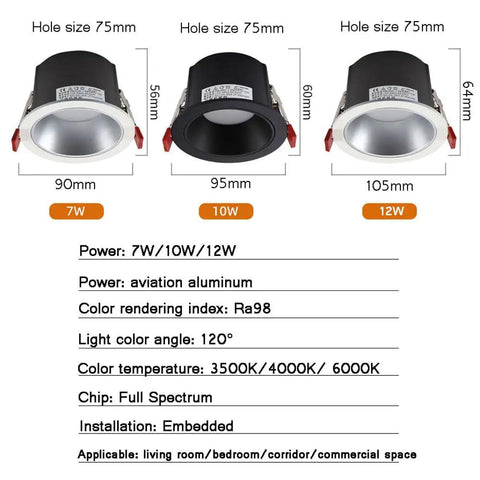 Top Shelf Sleek Led Recessed Lights With Zero Hassle Install And Adjustable Three Way Color Temps For Crisp Full Spectrum Glow Featuring Rugged Anti Rust Aluminum Housing And Anti Glare Baffle Trim In 14 Pack, 7W, 10W, 12W models shown.