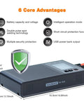 Portable Spot Welder With 1.8 Inch LCD Screen Dual Pulse Welding Machine showing 6 core advantages and dimensions.