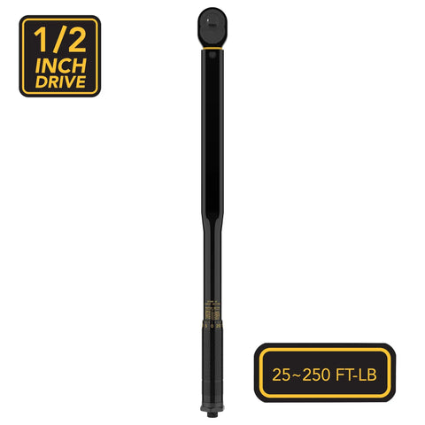 Half-Inch Drive Click Torque Wrench With 25-250 Ft-Lb Range and 33.9-338.9 Nm, pre-calibrated, heavy-duty chrome vanadium gear head