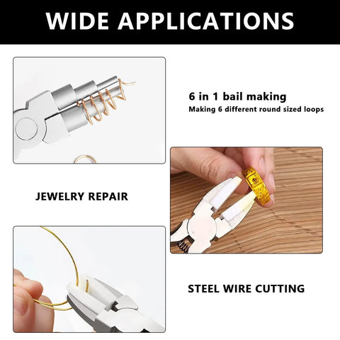 6 In 1 Jewelry Pliers Set For Beading And Wire Crafting 2 Piece Kit Bail Making Pliers in use for looping and wire cutting close-up