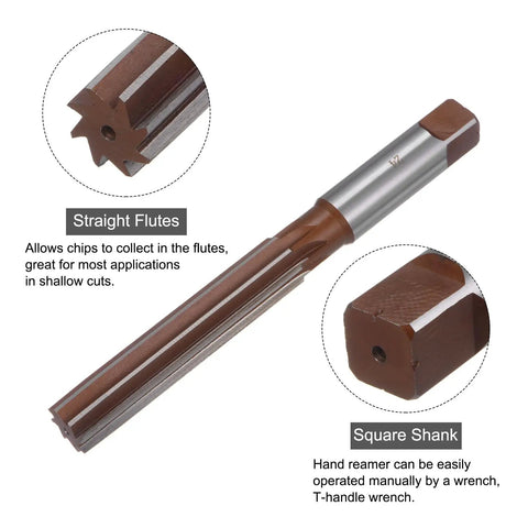 24mm Hand Reamer H7 For Metal And Wood Holes, Straight Flutes, showing end view and square shank detail, 9SiCr alloy steel
