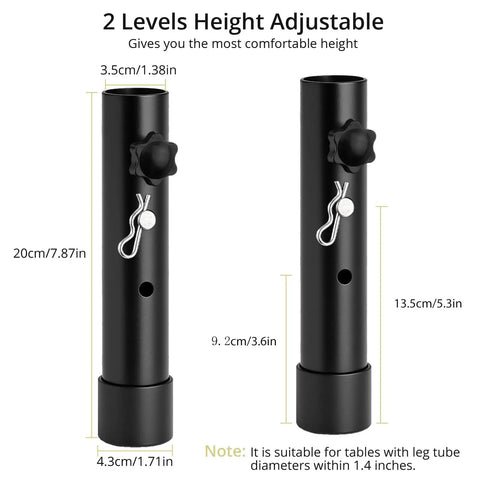 Knockout Black Table Leg Extenders And Adjustable Height Risers For Folding Tables, height 3.5 or 5.3 inches, steel material.