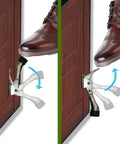 Heavy Duty Kickdown Door Stopper Set Of Four Built Tough Bottom Door Holders with adjustable rubber pads in use under a door.