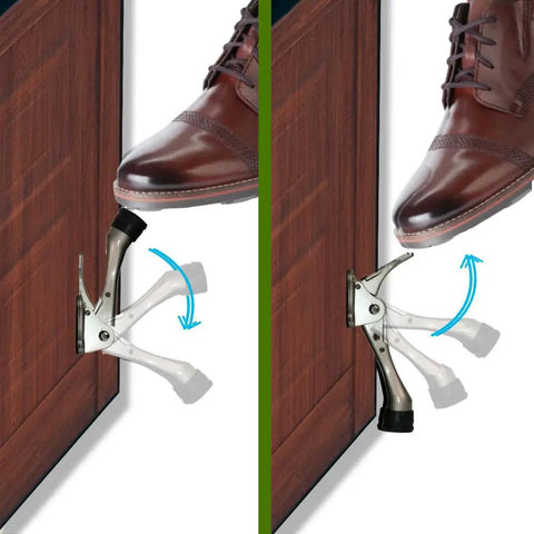 Heavy Duty Kickdown Door Stopper Set Of Four Built Tough Bottom Door Holders with adjustable rubber pads in use under a door.