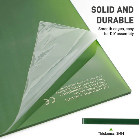 Corner Laser Safety Window Shield For 800-1100 Nm Filtering Infrared Light Protection Plate For Laser Engraving Machines DIY Pro Grade Durable Optical Shield That Blocks Reflective Radiation And Protects Your Eyes, green acrylic panel with smooth edges and protective film.