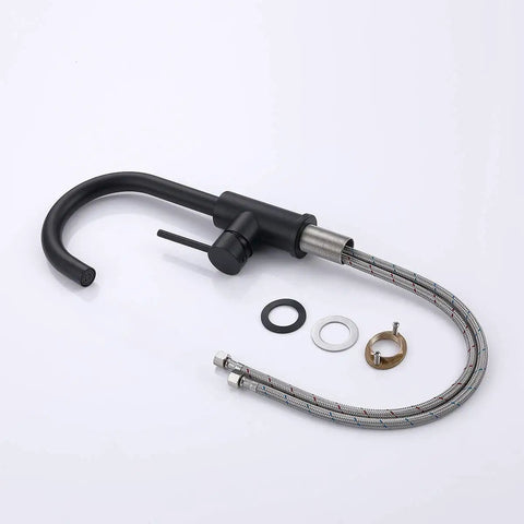 Matte Black Bar Sink Faucet With Single Hole Design, one handle, SUS304 stainless steel, shown with installation parts.