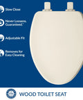 Ashland Style Elongated Wood Toilet Seat With Slow Close Secure Hinges And Quiet Operation Adjustable Front To Back For A Custom Fit Biscuit Color Made In USA Decorative Edge For Modern Bathrooms top view