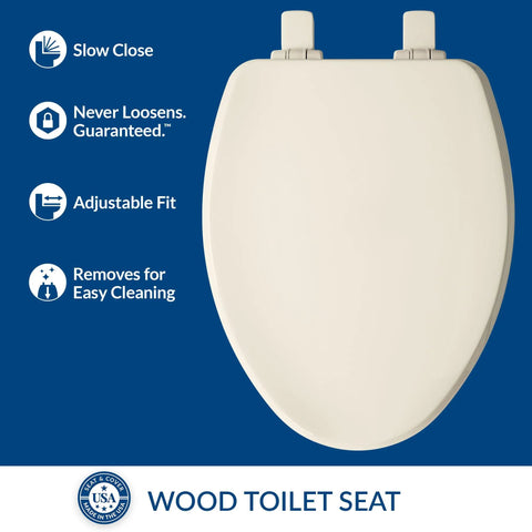 Ashland Style Elongated Wood Toilet Seat With Slow Close Secure Hinges And Quiet Operation Adjustable Front To Back For A Custom Fit Biscuit Color Made In USA Decorative Edge For Modern Bathrooms top view
