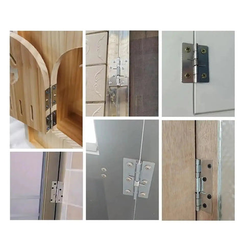 Collage of six 4 Pack Self Closing Stainless Steel Door Hinges With Spring Cross Hinge on various doors and cabinets