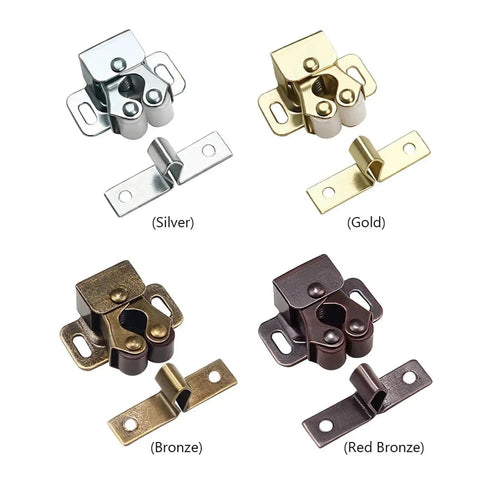 Antique Copper Twin Roller Cabinet Door Catches With Striker And Mounting Screws, 1 Pack in four finishes: silver, gold, bronze, red bronze.