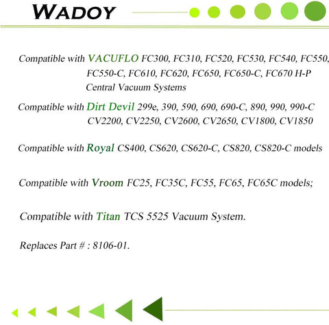 Compatibility chart for 7 Inch Central Vacuum Filter Replacement Cartridge Fits CV2000 CV2200 CV2600 And Vacuflo FC300 FC520 FC530 FC550 FC610.