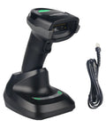Wireless Barcode Scanner With Bluetooth 2 4G 3 In 1 1D 2D QR Code Reader For Inventory Retail Library Use Handheld Barcode Scanner With Wireless Receiver Stand, showing handheld scanner and USB cable.