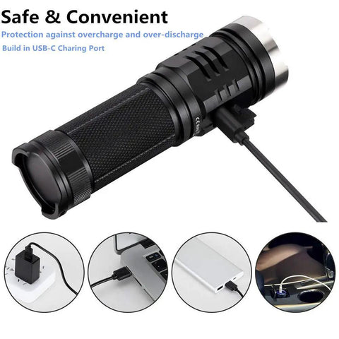 Beast Mode 3500 Lumen USB C Rechargeable Flashlight for Camping and Hiking shown charging with USB-C cable